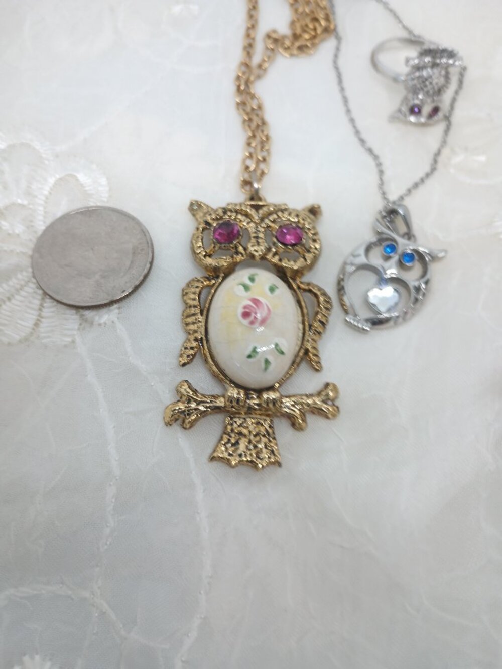 Owl lot~Pink Rhinestone Jelly Belly Necklace,Sarah Cov Ring, Blue Eyed Steel Owl - Picture 11 of 11